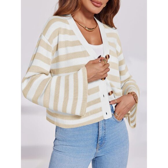 Women’s Striped Cotton-Acrylic Oversized Cardigan Sweater Coat with Pockets - Picture 2 of 5